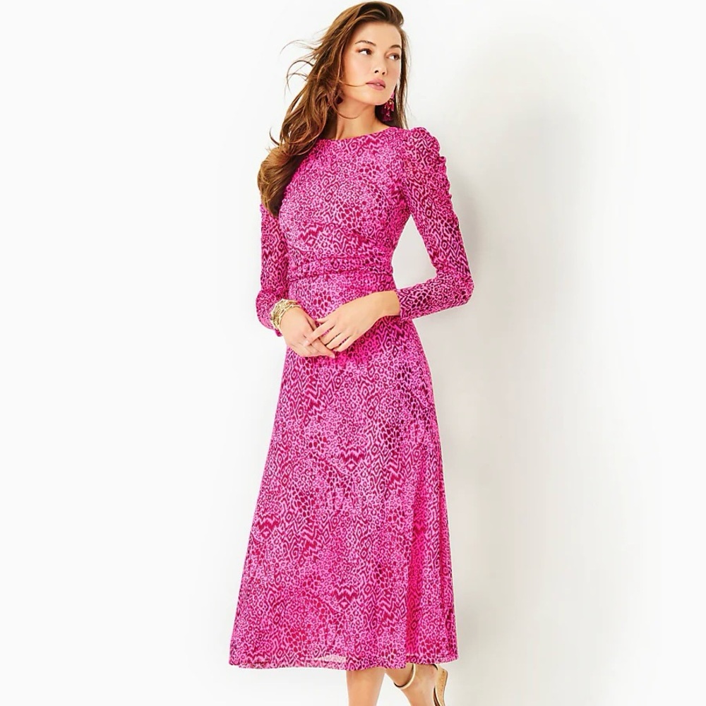 NWT Lilly Pulitzer Preslie Long Sleeve Mesh Midi Dress, Cerise Pink Pattern Play